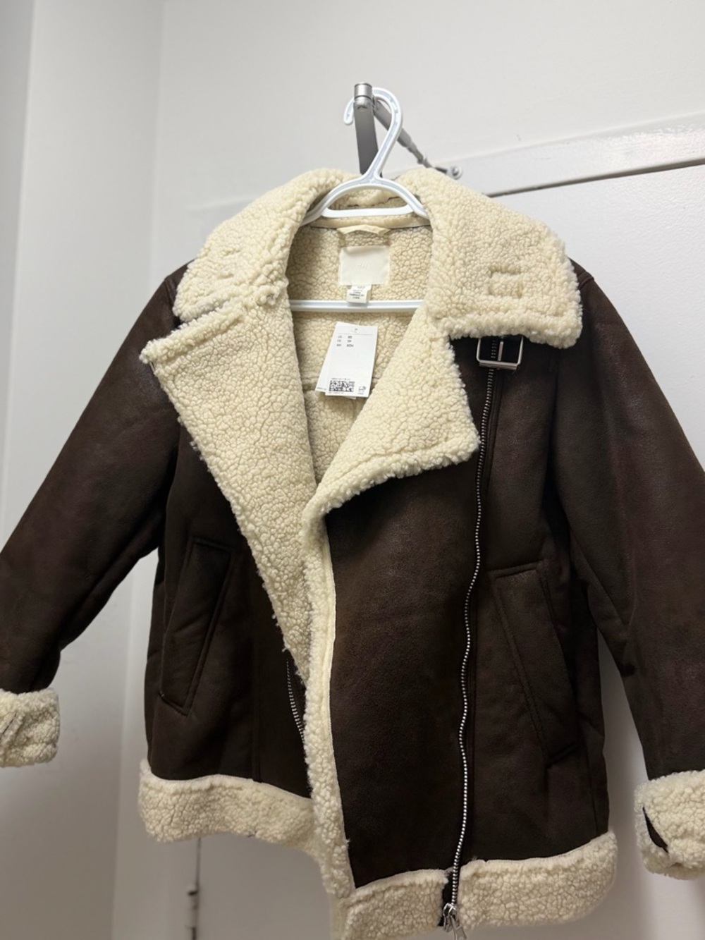 H&M Brown Faux Shearling Aviator Jacket with Cream Lining